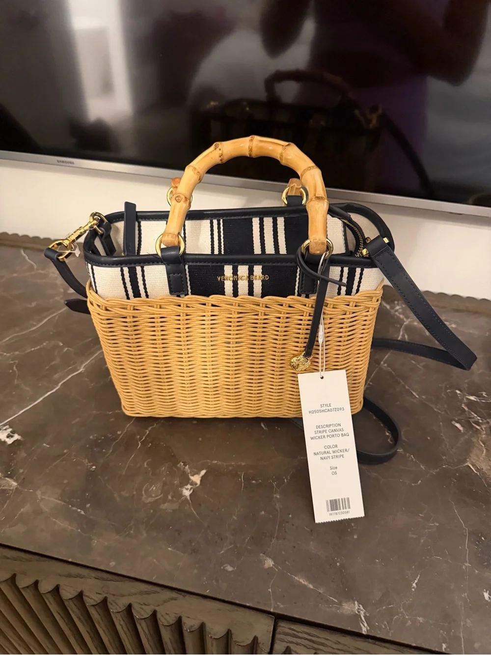 Veronica Beard Tan Wicker Tote with Navy Trim & Bamboo Handles